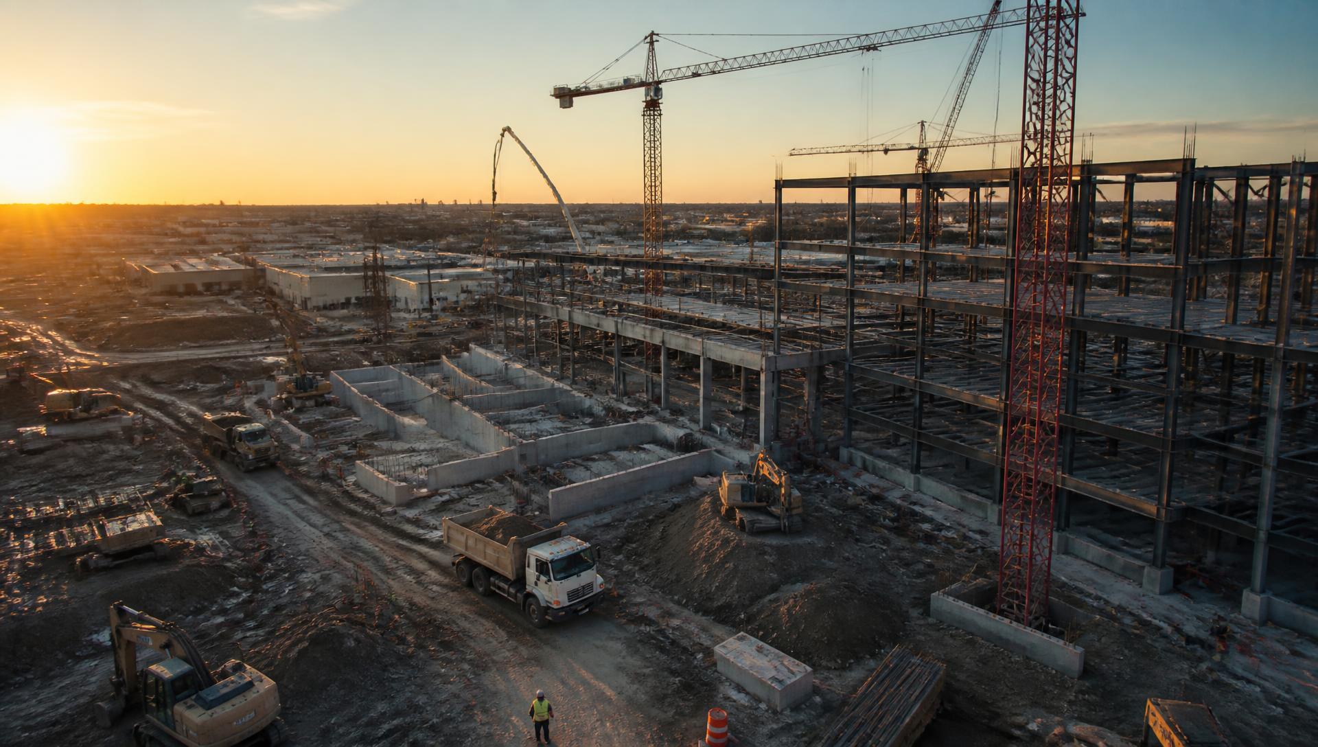 Aerial view of an active commercial construction site with tower cranes and heavy equipment