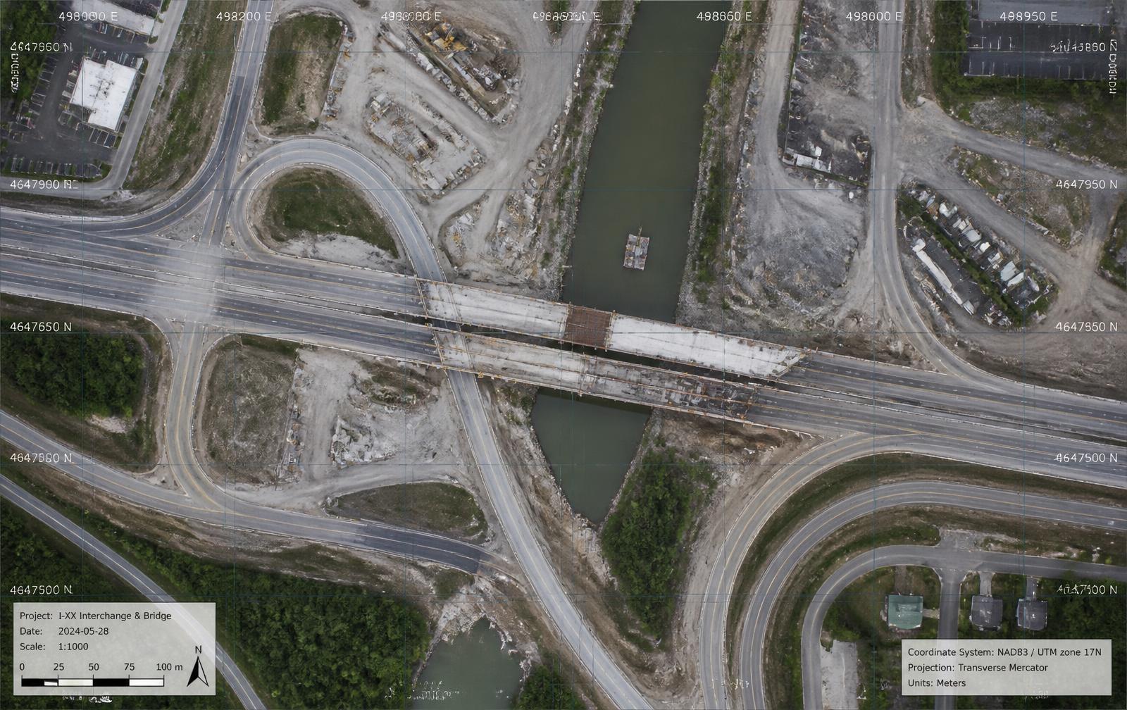 Aerial orthomosaic of a highway interchange and bridge replacement project